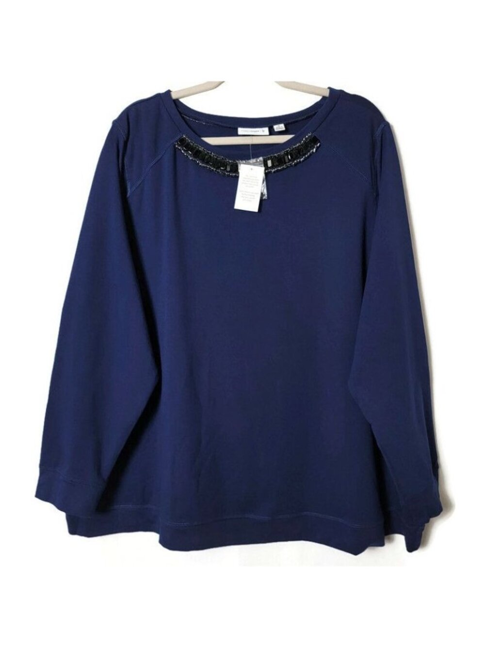 Susan Graver Blue Embellished Round Neckline Stretchy Long Sleeve Pullover 3X
